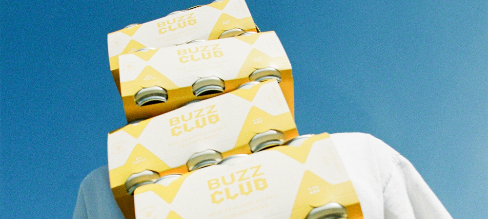 Brewed by bees. Buzz Club 6 pack stack. 
